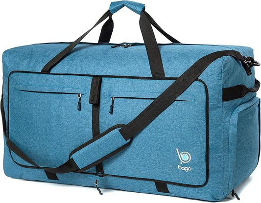 Bago Large Foldable Duffel Bags for Traveling Women & Men - 100L Packable Duffle Bag for Travel with Shoe Compartment - Water Repellant, Heavy Duty, Lightweight Folding & Collapsible (SnowBlue)