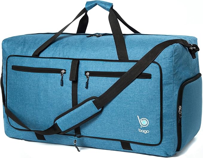 Bago Large Foldable Duffel Bags for Traveling Women & Men - 80L Packable Duffle Bag for Travel with Shoe Compartment - Water Repellant, Heavy Duty, Lightweight Folding & Collapsible (SnowBlue)