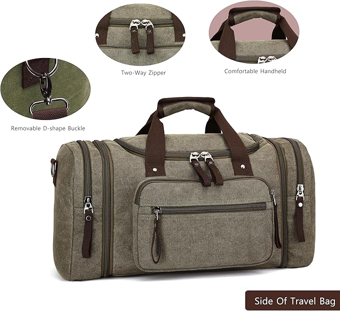 Travel bag large capacity men's luggage bag, expandable canvas leather 55 liters large capacity weekend hiking waterproof(green)