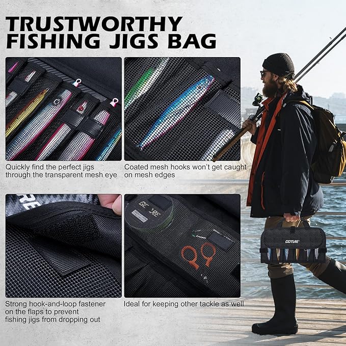 Goture Fishing Jig Bag,20 Mesh Pockets Portable Water-Resistant 600D PU Fishinig Lure Bag Saltwater Freshwater Suitable For Max 5.7" Length Vertical Jig Slow Pitch Jigging Bait Storage (12.99"x7.09")