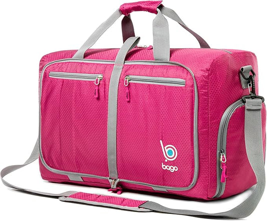 Bago Foldable Duffel Bags for Traveling Women & Men - 40L Sports Packable Duffle Bag for Travel with Shoe Compartment - Water Repellant, Heavy Duty, Lightweight Folding & Collapsible (Pink)