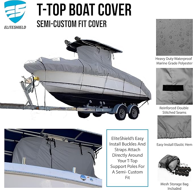 EliteShield Heavy Duty T-Top Boat Cover, Fits 18ft to 20ft Long Center Console Boat with T-Top Hard-Top, Waterproof Fade Resistant T Top Boat Storage Cover (Gray, Size 1: 18'-20' Long, Beam 102" W)