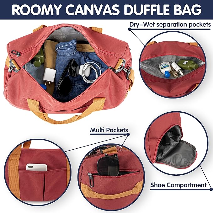Duffle Bag for Men Personalized Overnight Bags Travel Bag with Durable Canvas Weekender Overnight Bag with Shoe Compartment Custom Groomsmen Gift for Travel Gym Storage Camping Moving (Red)