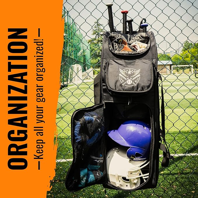 Baseball Catcher's Gear Bag with Wheels and Multiple Pockets to Hold Cleats, Bats & Baseball Gloves, Breathable Rolling Ripstop Backpack with Fence Hook.