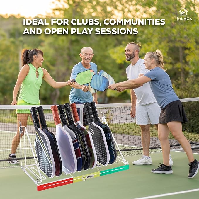 LifeLAZA Acrylic Pickleball Paddle Rack, Premium Pickleball Paddle Holder Holds 12 Paddles, Next Up Slider Tracker Rotation Rack Paddle Up System, Fence Mount Racket Rack Holder
