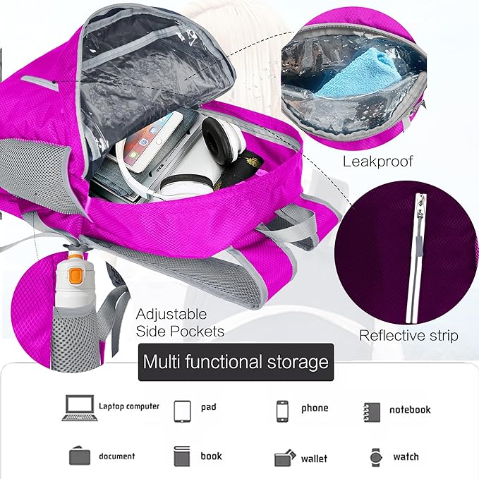 35L Waterproof Backpack Beach Foldable Lightweight Dry Wet Split Hiking Backpack Men Women Hot Pink