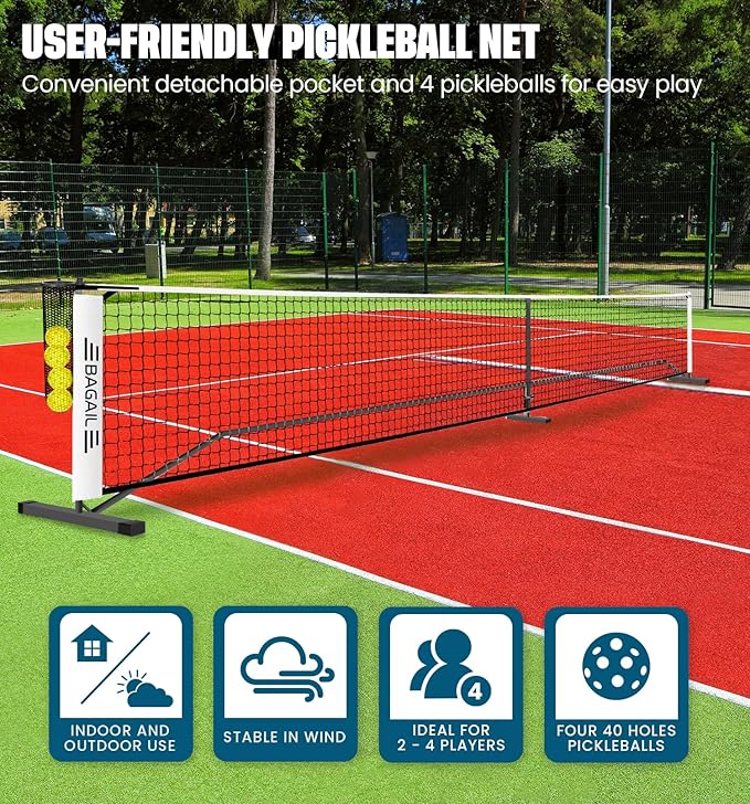 BAGAIL Portable Pickleball Net Set, 22 FT Regulation Size Pickle Ball Net with Ball Collector, 4 Balls and Carry Bag, Easy Setup for Outdoor Indoor Driveway