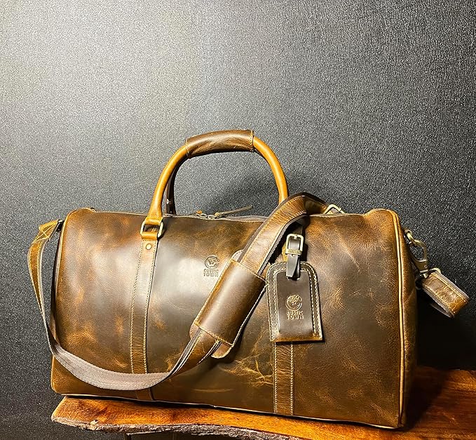 Leather Holdall Bags for Men - Travel Overnight Duffle - Weekend Carry On Suitcase - Underseat Flight Cabin Duffel Bag, Brown, L, Mens leather weekend bag