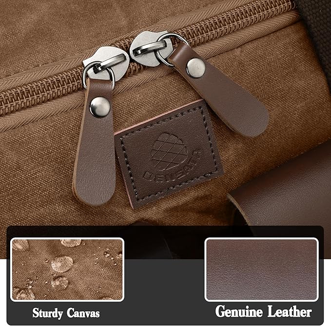 Canvas Duffle Bag for Men 60L Travel Duffel Bags Expandable Genuine Leather Duffel Overnight Weekender Carry On Bag Two Zipper Pockets Travel Bag (Vintage Dark Brown, X Large-60L)