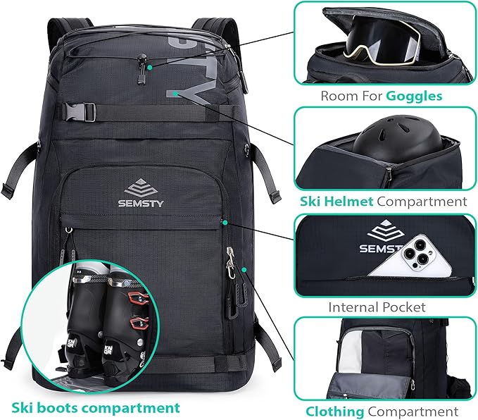 Ski Boot Bag, 55L/70L Waterproof Ski and Snowboard Boots Travel Backpack for Skis, Snowboard, Ski Helmet, Goggles, Gloves & Accessories