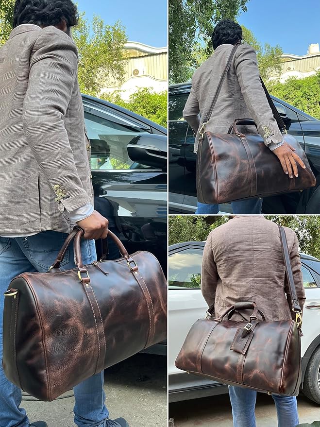 Leather Holdall Bags for Men - Travel Overnight Duffle - Weekend Carry On Suitcase - Underseat Flight Cabin Duffel Bag, Mulberry, L, Leather Overnight Bags for Men