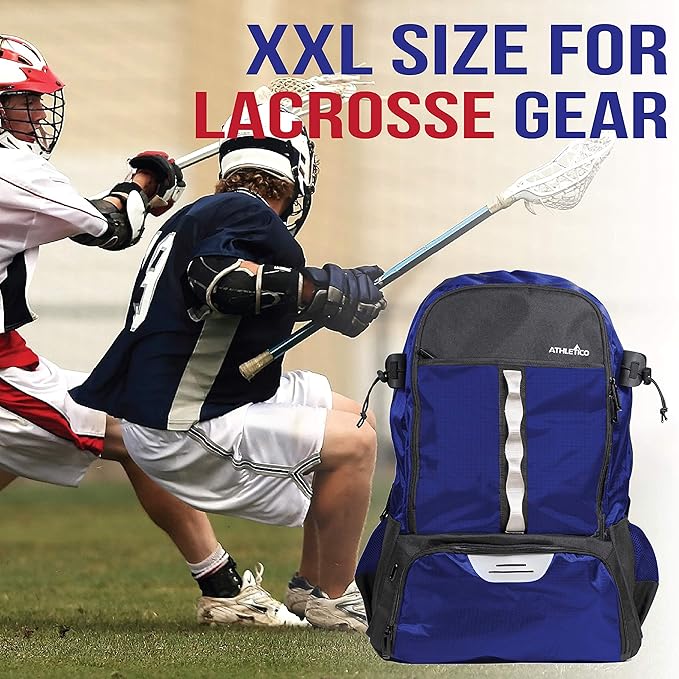 Athletico Lacrosse Bag - Extra Large Backpack for Field Hockey Equipment - Two Stick Holders and Separate Cleats Compartment
