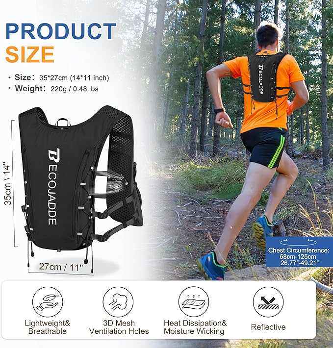 BECOJADDE Running Vest Hydration Backpack for Men Women, 5L Lightweight Running Backpack Hydration Pack for Marathon, Trail, Cycling, Hiking, Jogging
