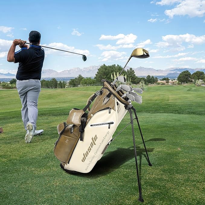 WOSOFE PU Golf Bag with 6/14 Way Top Dividers Automatically Adjustable Dual Straps Elegant Design for Men Women Pu Golf Stand Bag with Multiple Pockets