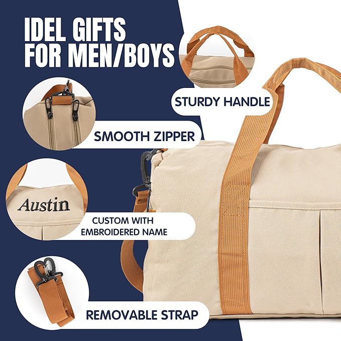 Duffle Bag for Men Personalized Overnight Bags Travel Bag with Durable Canvas Weekender Overnight Bag with Shoe Compartment Custom Groomsmen Gift for Travel Gym Storage Camping Moving (Khaki)