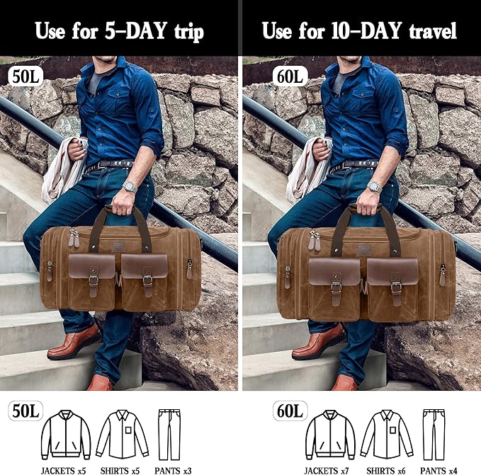 Canvas Duffle Bag for Men 60L Travel Duffel Bags Expandable Genuine Leather Duffel Overnight Weekender Carry On Bag Two Zipper Pockets Travel Bag (Vintage Dark Brown, X Large-60L)