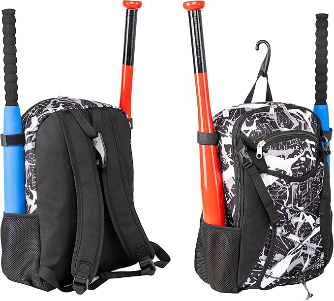 Youth Baseball Bat Bag Backpack, T-Ball & Softball Equipment Gear for Youth with Fence Hook, Lightweight Baseball Bat Backpack, Large Main Compartment for Helmet