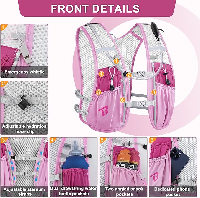 BECOJADDE Running Vest Hydration Backpack for Men Women, 5L Lightweight Running Backpack Hydration Pack for Marathon, Trail, Cycling, Hiking, Jogging