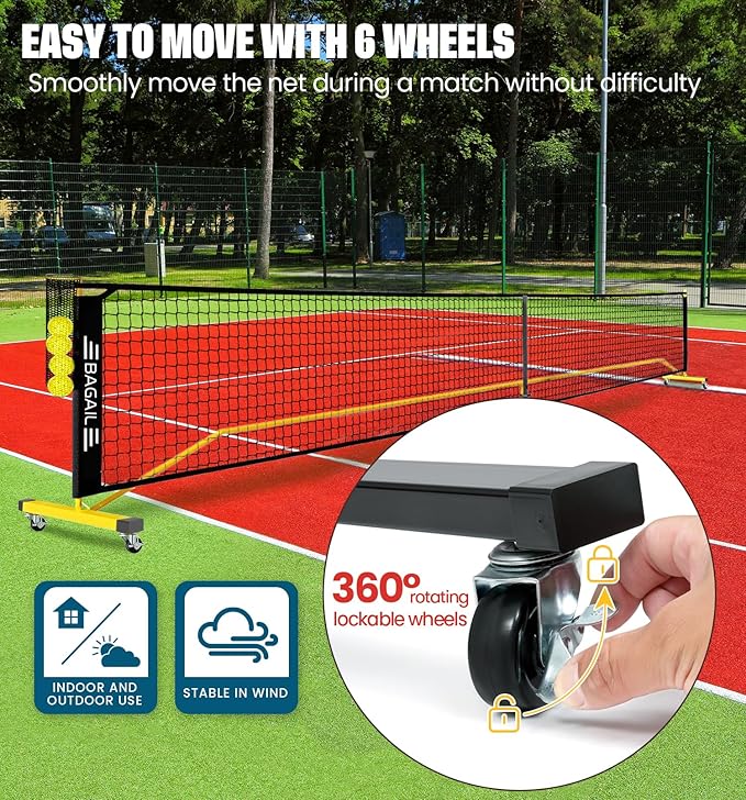 BAGAIL Portable Pickleball Net Set, 22 FT Regulation Size Pickle Ball Net with Ball Collector, 4 Balls and Carry Bag, Easy Setup for Outdoor Indoor Driveway