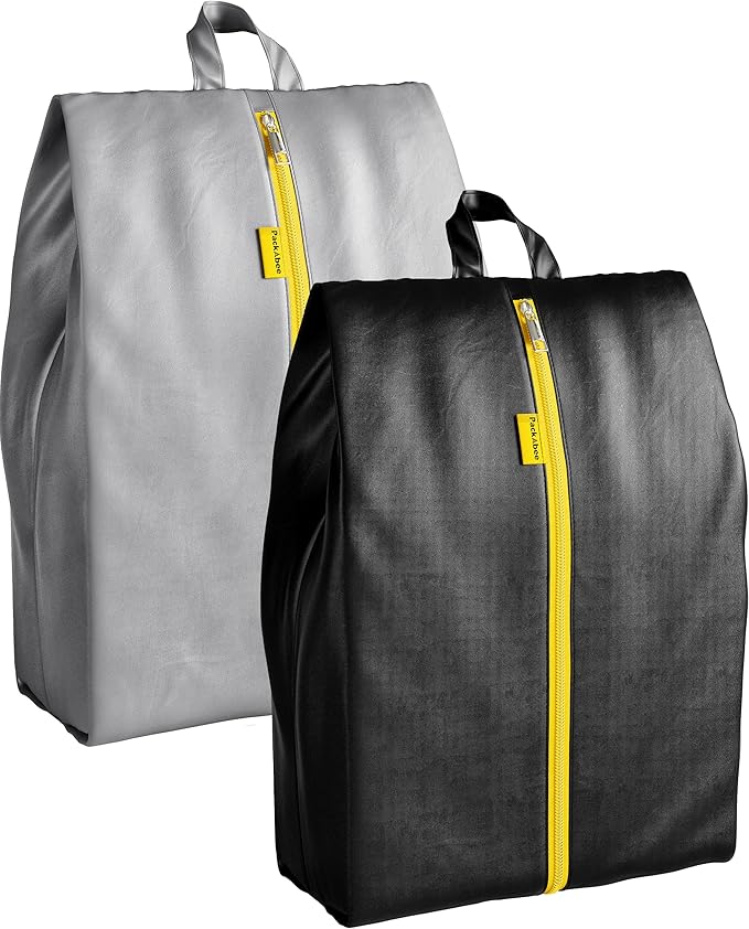 2 Pack Water Resistant Travel Shoe Bags with 2 Inner Pockets - Shoe Carrier Storage Cube Pouch with Zipper & Handle - Portable Shoe Bag for Gym, Traveling, Dance, Cross Country- Black & Grey