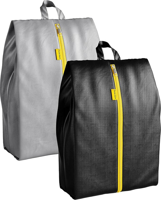 2 Pack Water Resistant Travel Shoe Bags with 2 Inner Pockets - Shoe Carrier Storage Cube Pouch with Zipper & Handle - Portable Shoe Bag for Gym, Traveling, Dance, Cross Country- Black & Grey