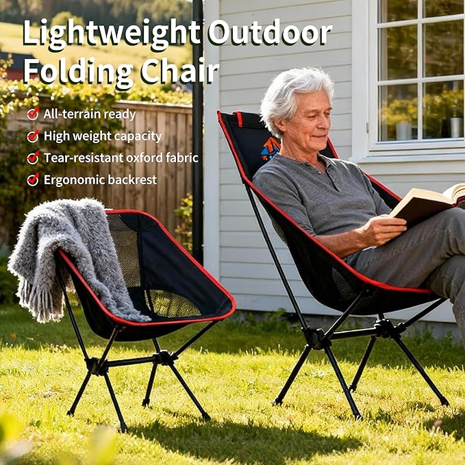 Lightweight Backpacking Folding Chair with Carry Bag,Stable and Sturdy Camping Chairs with Back Support, Fishing, Hiking and Beach Activities (high backrest, Black and red, L)