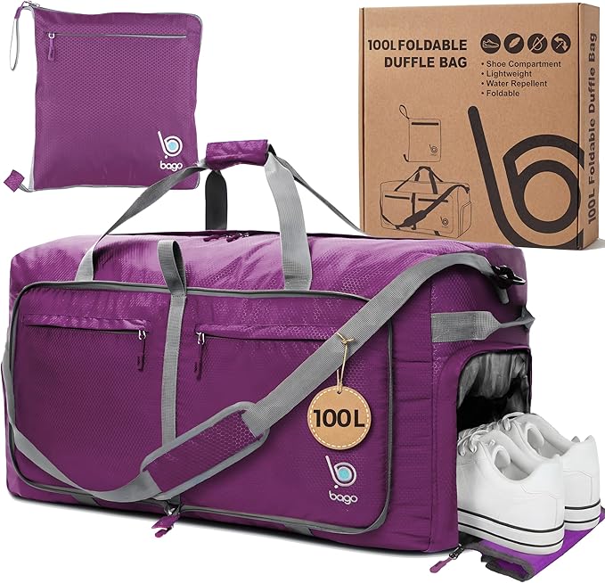 Bago Large Foldable Duffel Bags for Traveling Women & Men - 100L Packable Duffle Bag for Travel with Shoe Compartment - Water Repellant, Heavy Duty, Lightweight Folding & Collapsible (SnowDepPurple)