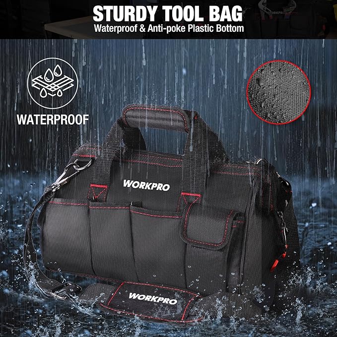 WORKPRO 16-inch Close Top Wide Mouth Tool Storage Bag with Water Proof Rubber Base, W081022A, 16"