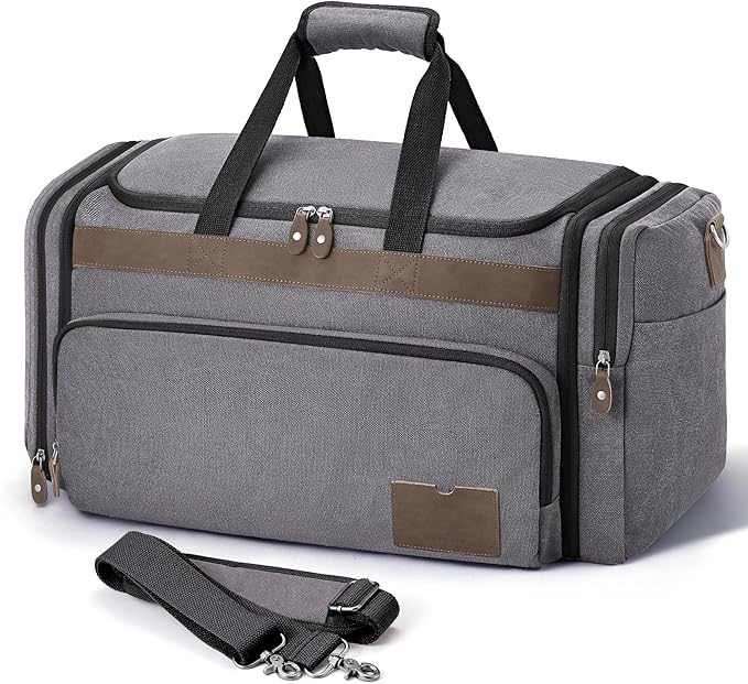 SHOWKOO Duffle Bag for Travel 60L Expandable Canvas Travel Bag Durable Vintage Weekender Overnight Carry On Bag for Men(Dark Gray)
