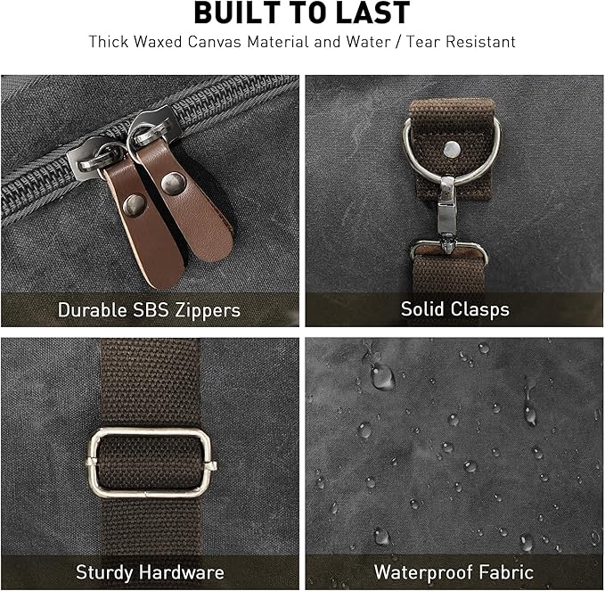 Wildroad 60L Travel Duffel Bag, Expandable Waxed Canvas Genuine Leather Duffle Bag Upgraded Overnight Weekender Bag Carry on Bag (Vintage Black, X Large-60L)