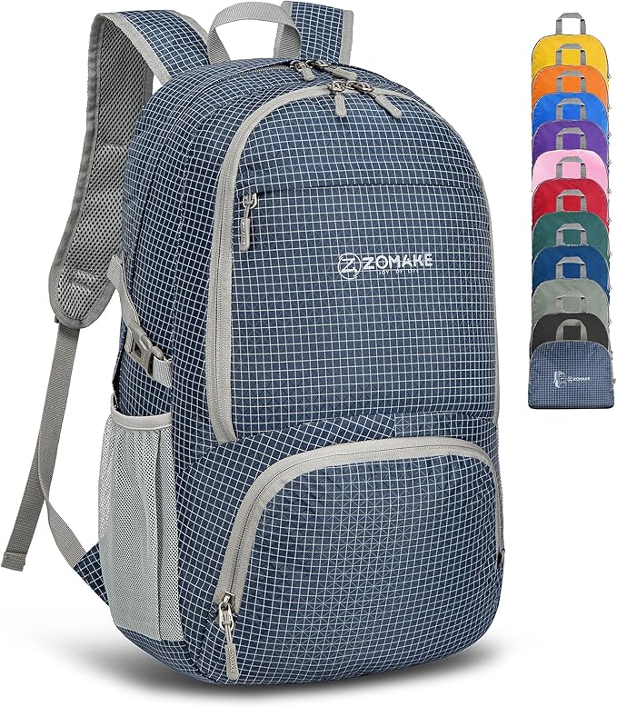 ZOMAKE Lightweight Packable Backpack 30L, Foldable Hiking Backpacks Water Resistant Compact Folding Daypack for Travel(Plaid Royal Blue)