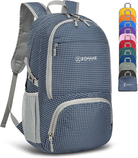 ZOMAKE Lightweight Packable Backpack 30L, Foldable Hiking Backpacks Water Resistant Compact Folding Daypack for Travel(Plaid Royal Blue)