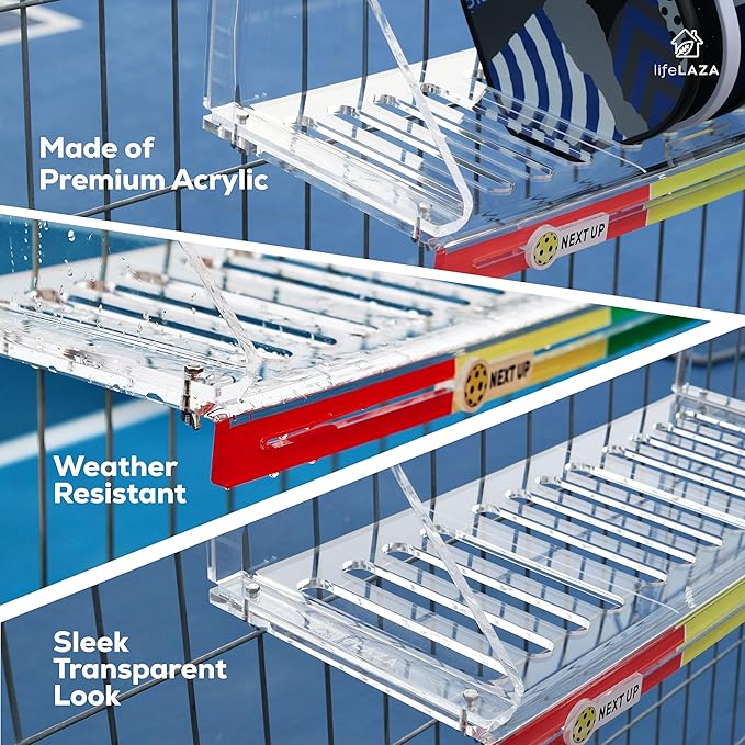 LifeLAZA Acrylic Pickleball Paddle Rack, Premium Pickleball Paddle Holder Holds 12 Paddles, Next Up Slider Tracker Rotation Rack Paddle Up System, Fence Mount Racket Rack Holder