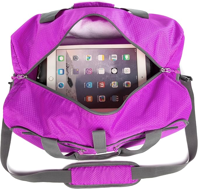 Bago Foldable Duffel Bags for Traveling Women & Men - 40L Sports Packable Duffle Bag for Travel with Shoe Compartment - Water Repellant, Heavy Duty, Lightweight Folding & Collapsible (Purple)