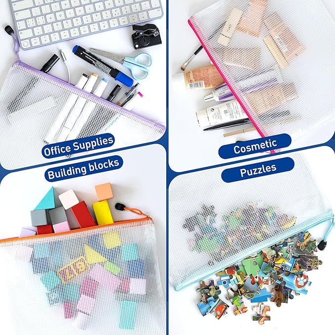 9pcs A4 Mesh Zipper Pouch Bags, 9 Colors, PVC Material, Reusable, Transparent, Zip Closure, Perfect for Toy Storage, Office Organization