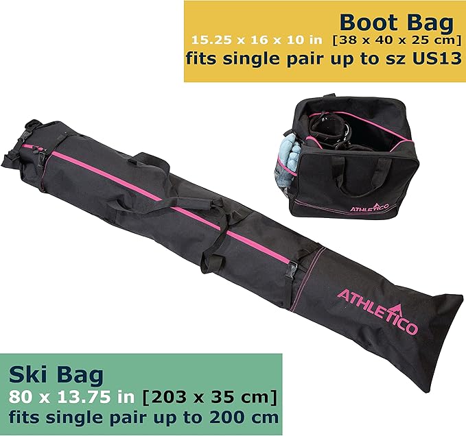 Athletico Ski Bag and Ski Boot Bag Combo - Ski Bags for Air Travel - Unpadded Snow Ski Bags Fit Skis Up to 200cm - For Men, Women, Adults, and Children