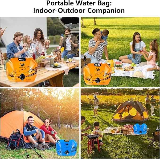 Collapsible 8L Water Storage Bag, BPA-Free Portable Folding Water Jug with Adjustable Faucet, Leakproof Emergency Water Bag for Camping, Hiking, Riding, Outdoor Sport (2, Blue & Orange)