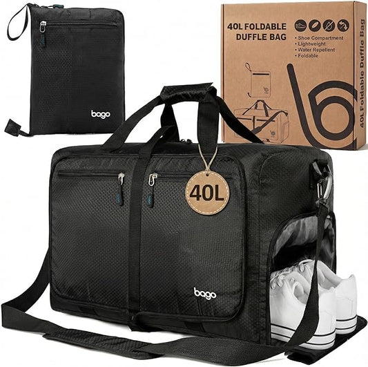 Bago Foldable Duffel Bags for Traveling Women & Men - 40L Sports Packable Duffle Bag for Travel with Shoe Compartment - Water Repellant, Heavy Duty, Lightweight Folding & Collapsible (All Black)