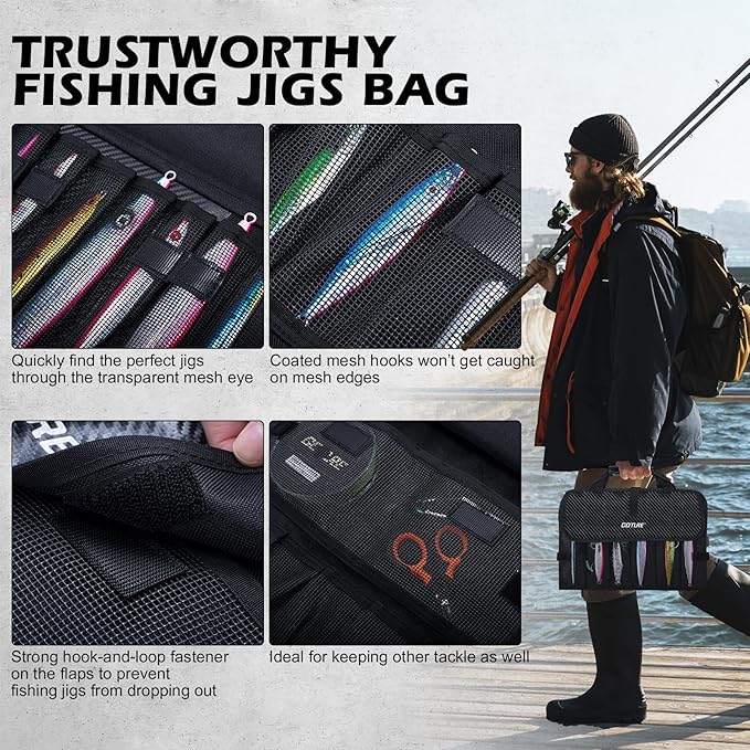 Goture Fishing Jig Bag,20 Mesh Pockets Portable Water-Resistant 600D PU Fishinig Lure Bag Saltwater Freshwater Suitable For Max 10" Length Vertical Jig Slow Pitch Jigging Bait Storage (16.92"x11.81")
