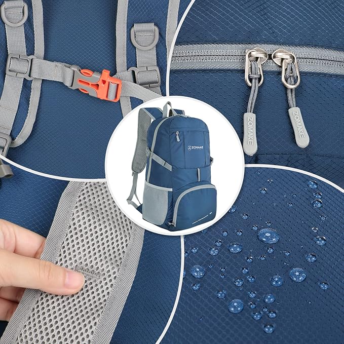 ZOMAKE Lightweight Packable Backpack 35L, Light Foldable Backpacks Water Resistant Collapsible Hiking Bag, Compact Folding Day Pack for Travel Camping(Navy Blue)