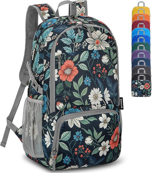 ZOMAKE Lightweight Packable Backpack 30L, Foldable Hiking Backpacks Water Resistant Compact Folding Daypack for Travel(Navy blue,Floral pattern)