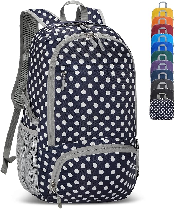 ZOMAKE Lightweight Packable Backpack 30L, Foldable Hiking Backpacks Water Resistant Compact Folding Daypack for Travel(Navy Blue,White polka dots)