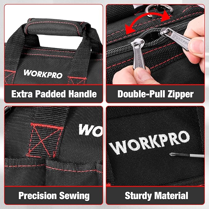 WORKPRO 14-inch Tool Bag, Multi-pocket Tool Organizer with Adjustable Shoulder Strap, W081021A , black