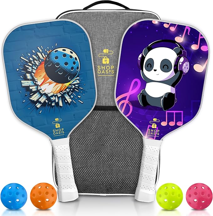 Kids Pickleball Paddles (Set of 2), Child Size Paddles, Lightweight Honeycomb Core, Fiberglass Strike Face, 2 Youth Rackets with 4 Balls and Premium Zipper Bag