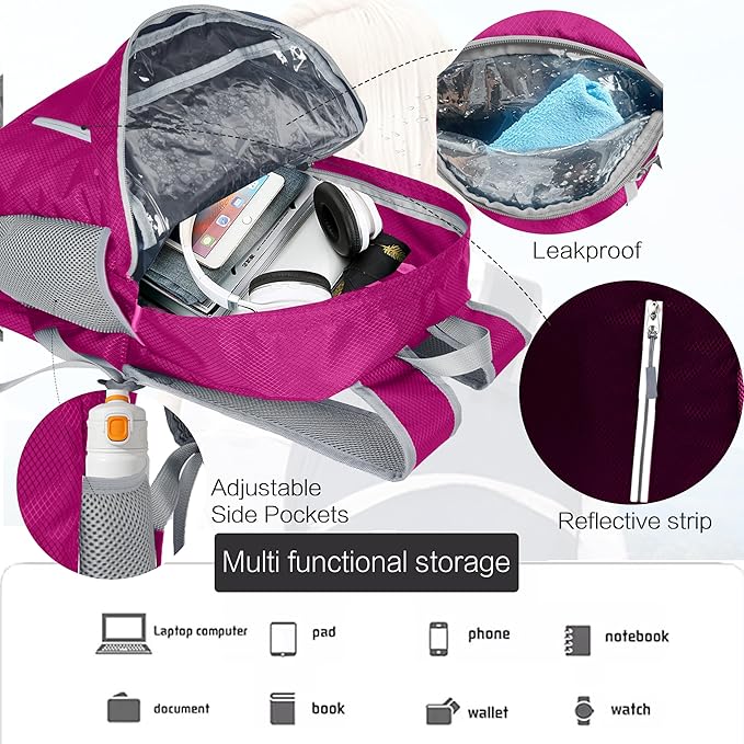 35L Waterproof Backpack Beach Foldable Lightweight Dry Wet Split Hiking Backpack Men Women Dark Pink