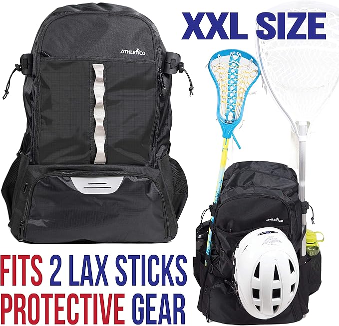Athletico Lacrosse Bag - Extra Large Backpack for Field Hockey Equipment - Two Stick Holders and Separate Cleats Compartment