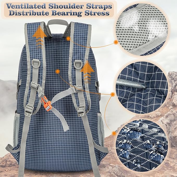 ZOMAKE Lightweight Packable Backpack 30L, Foldable Hiking Backpacks Water Resistant Compact Folding Daypack for Travel(Plaid Royal Blue)