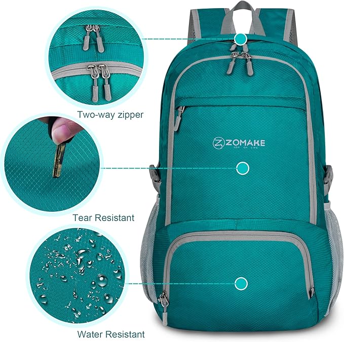 ZOMAKE Lightweight Packable Backpack 30L, Foldable Hiking Backpacks Water Resistant Compact Folding Daypack for Travel(Lake Green)