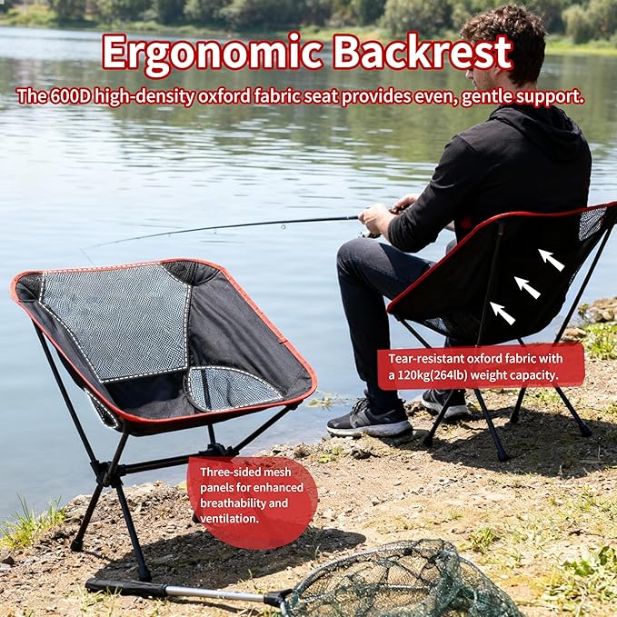 Lightweight Backpacking Folding Chair with Carry Bag,Stable and Sturdy Camping Chairs with Back Support, Fishing, Hiking and Beach Activities (Low backrest, Black and red, S)