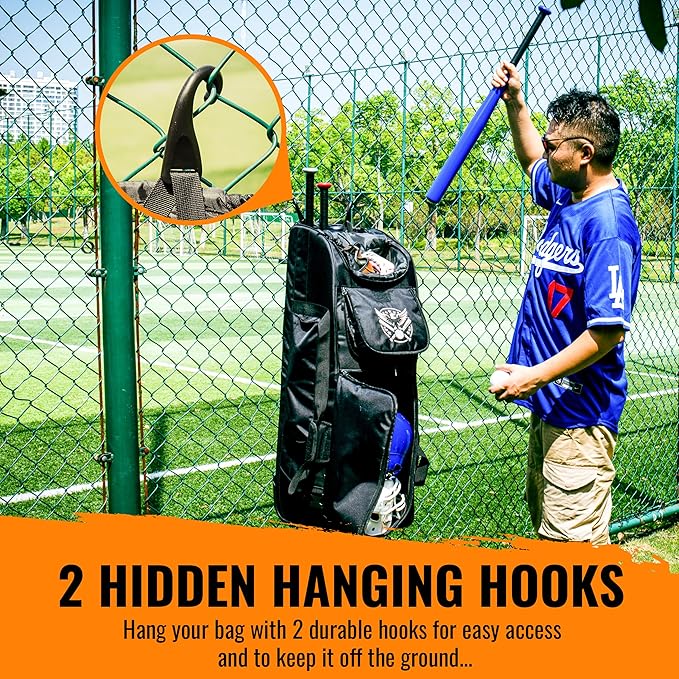 Baseball Catcher's Gear Bag with Wheels and Multiple Pockets to Hold Cleats, Bats & Baseball Gloves, Breathable Rolling Ripstop Backpack with Fence Hook.